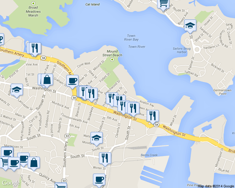 map of restaurants, bars, coffee shops, grocery stores, and more near 27 Beechwood Street in Quincy