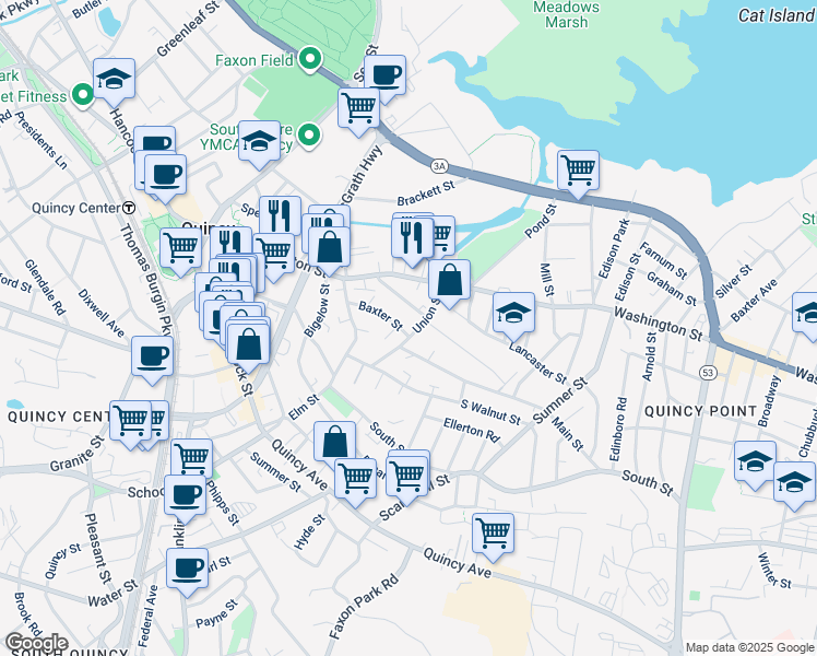 map of restaurants, bars, coffee shops, grocery stores, and more near 29 Edwards Street in Quincy