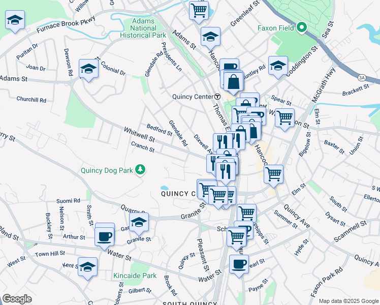 map of restaurants, bars, coffee shops, grocery stores, and more near 168 Glendale Road in Quincy