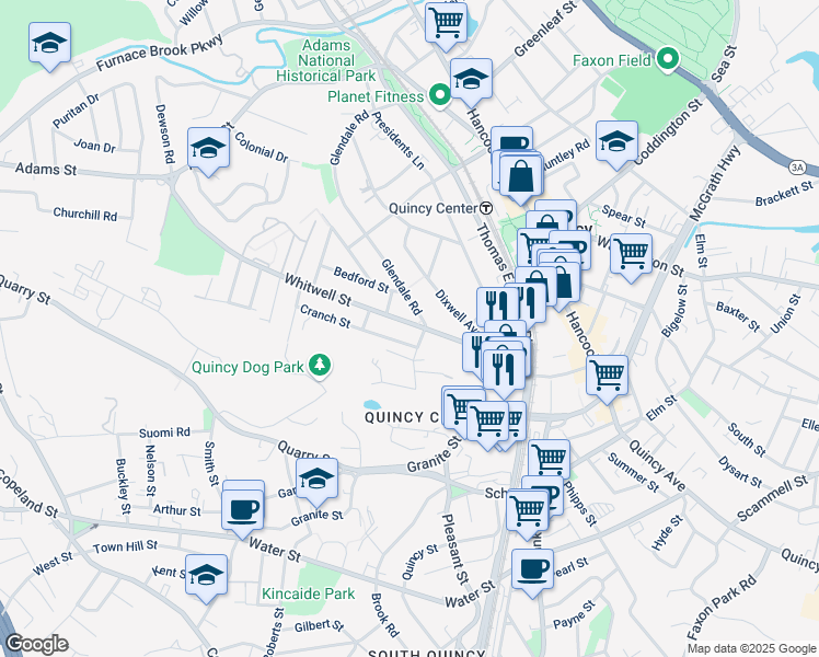 map of restaurants, bars, coffee shops, grocery stores, and more near 168 Glendale Road in Quincy