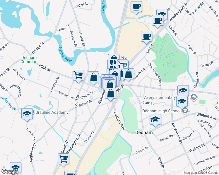 map of restaurants, bars, coffee shops, grocery stores, and more near 22 Harris Street in Dedham