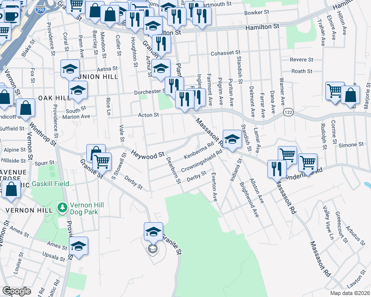 map of restaurants, bars, coffee shops, grocery stores, and more near 144 Heywood Street in Worcester