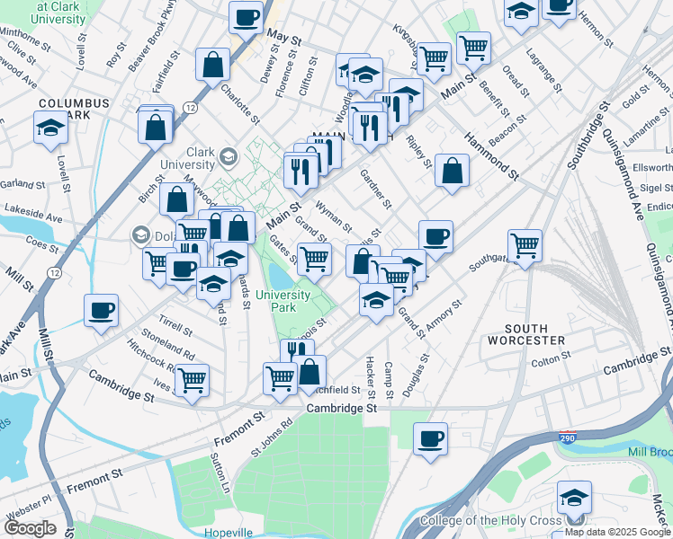 map of restaurants, bars, coffee shops, grocery stores, and more near 4 Albert Street in Worcester
