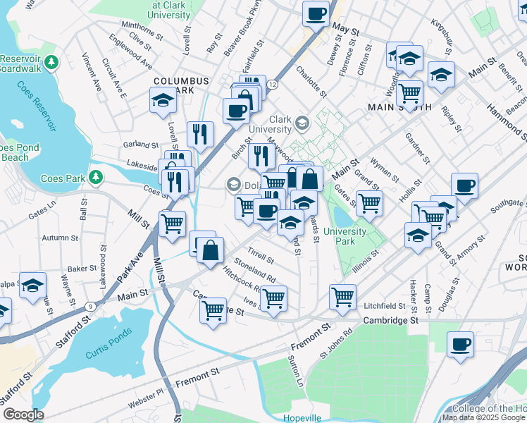 map of restaurants, bars, coffee shops, grocery stores, and more near 30 Marble Street in Worcester