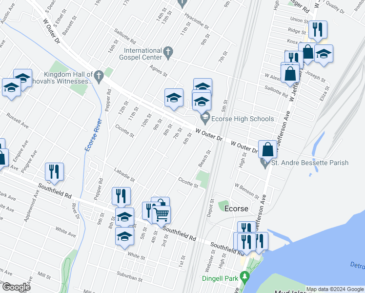map of restaurants, bars, coffee shops, grocery stores, and more near 4249 7th Street in Ecorse