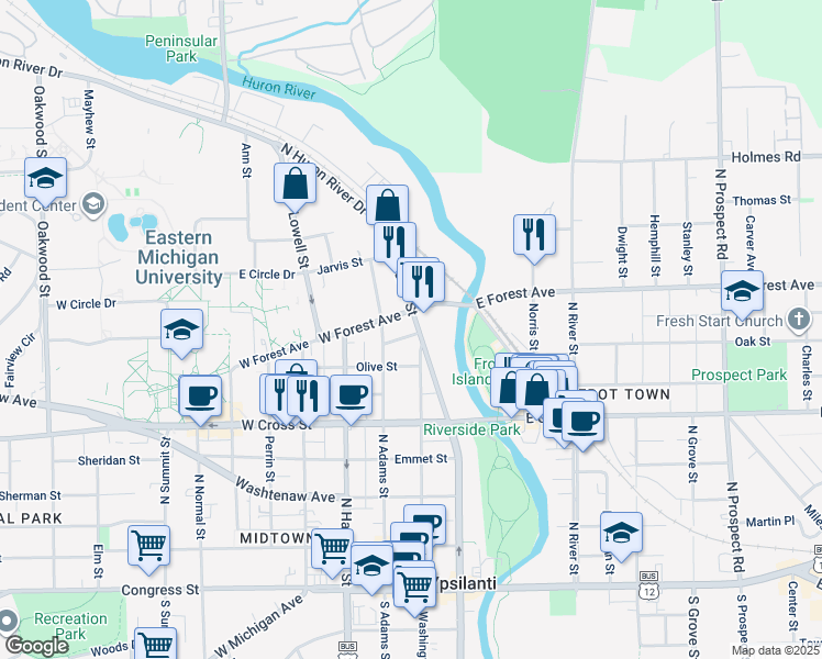 map of restaurants, bars, coffee shops, grocery stores, and more near 534 North Huron Street in Ypsilanti