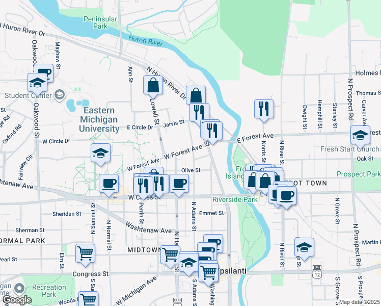 map of restaurants, bars, coffee shops, grocery stores, and more near 214 West Forest Avenue in Ypsilanti