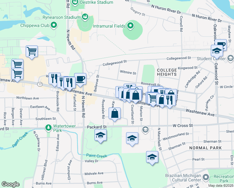map of restaurants, bars, coffee shops, grocery stores, and more near 1952 Whittier Road in Ypsilanti