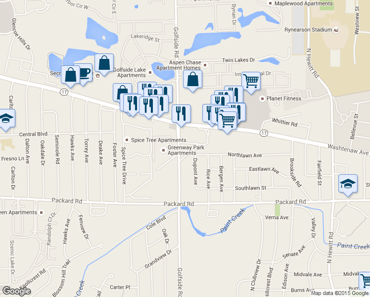 map of restaurants, bars, coffee shops, grocery stores, and more near 2700 Golfside Road in Ann Arbor