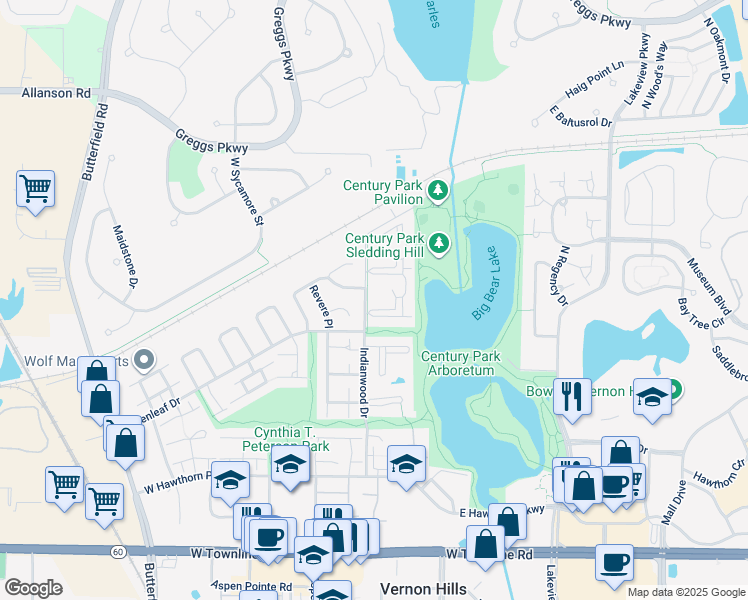 map of restaurants, bars, coffee shops, grocery stores, and more near 15 Echo Court in Vernon Hills