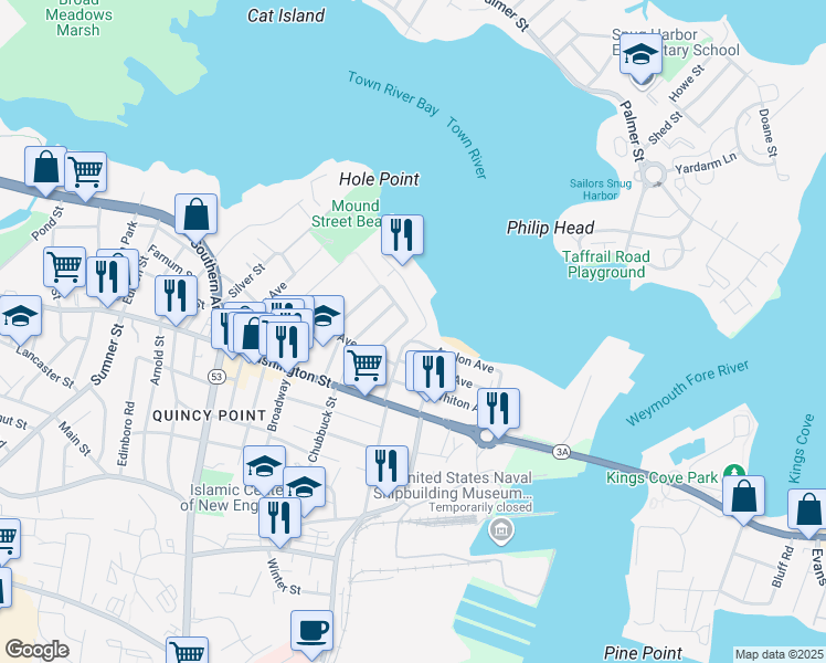 map of restaurants, bars, coffee shops, grocery stores, and more near 105 Follett Street in Quincy