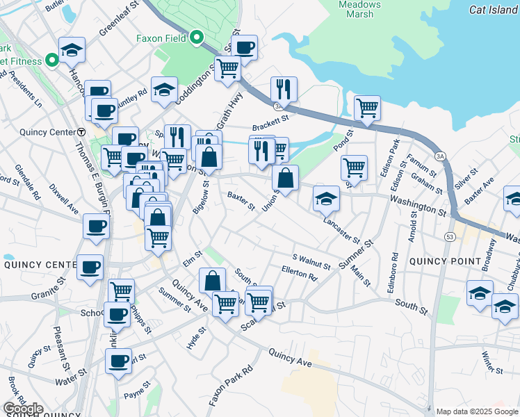 map of restaurants, bars, coffee shops, grocery stores, and more near 50 Union Street in Quincy