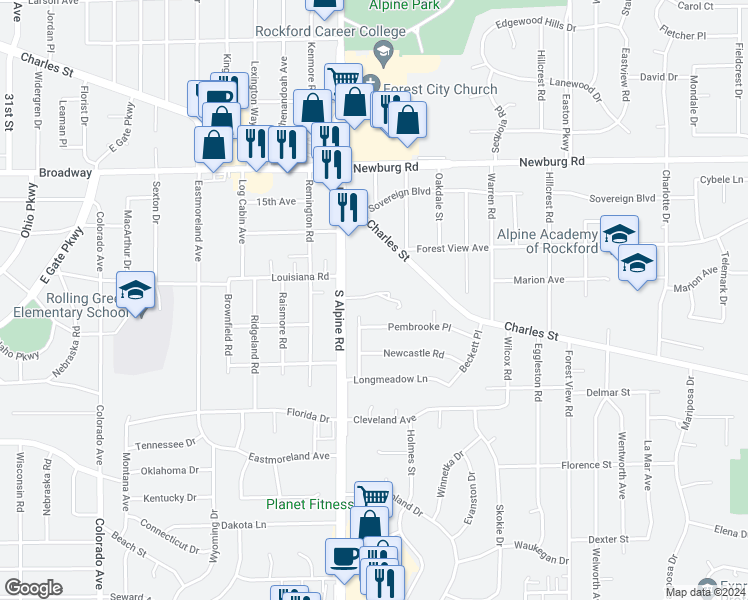 map of restaurants, bars, coffee shops, grocery stores, and more near 4545 Apple Orchard Lane in Rockford