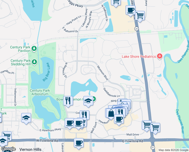 map of restaurants, bars, coffee shops, grocery stores, and more near 439 Bay Tree Circle in Vernon Hills