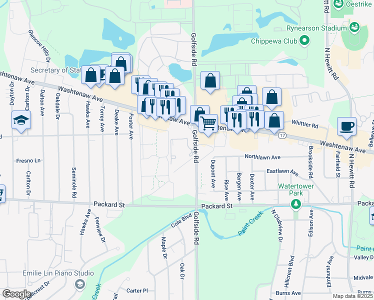 map of restaurants, bars, coffee shops, grocery stores, and more near 2718 Golfside Road in Ann Arbor