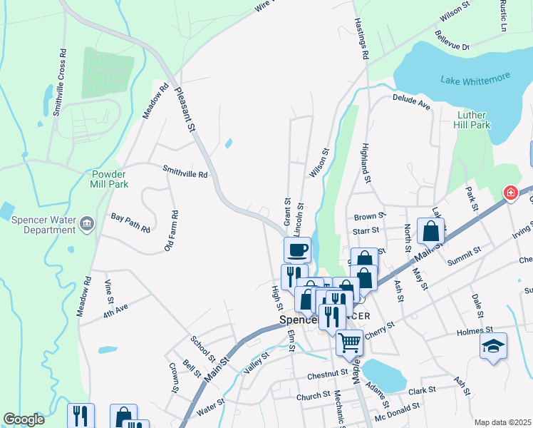 map of restaurants, bars, coffee shops, grocery stores, and more near 54 Pleasant Street in Spencer