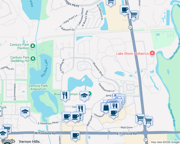 map of restaurants, bars, coffee shops, grocery stores, and more near 439 Bay Tree Circle in Vernon Hills