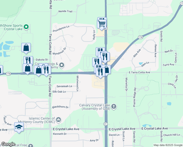 map of restaurants, bars, coffee shops, grocery stores, and more near East Terra Cotta Avenue in VLG OF LAKEWD