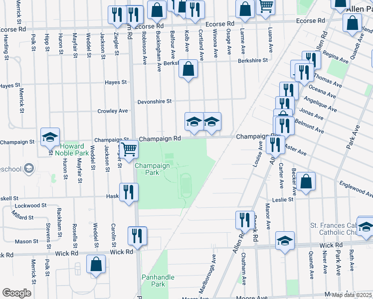 map of restaurants, bars, coffee shops, grocery stores, and more near 18401 Champaign Road in Allen Park