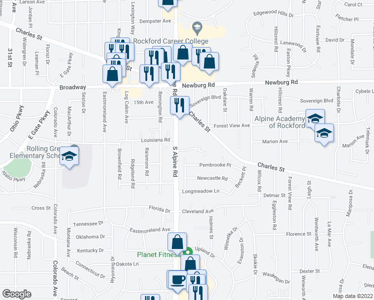 map of restaurants, bars, coffee shops, grocery stores, and more near 4519 Apple Orchard Lane in Rockford