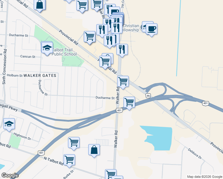 map of restaurants, bars, coffee shops, grocery stores, and more near 4785 Walker Road in Windsor
