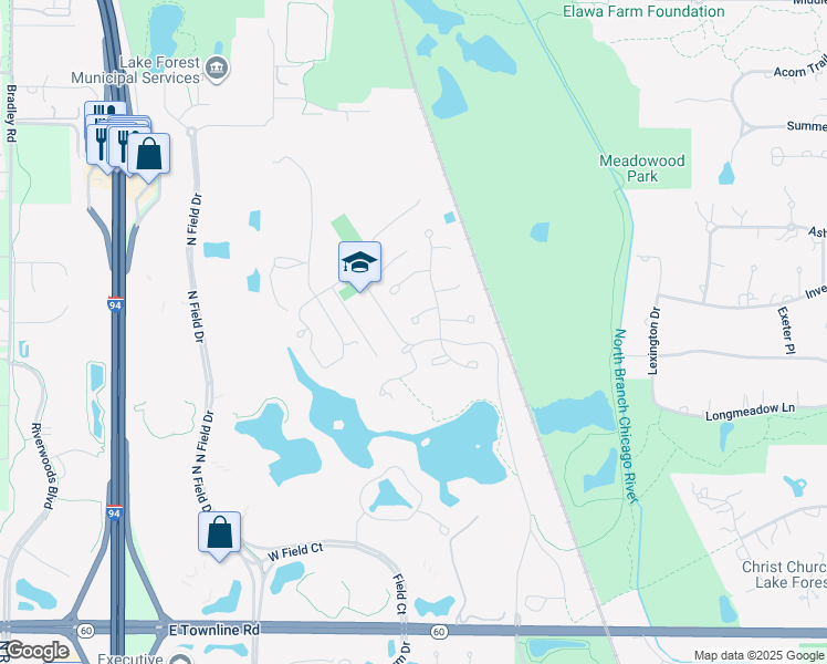 map of restaurants, bars, coffee shops, grocery stores, and more near 1741 Stanford Court in Lake Forest
