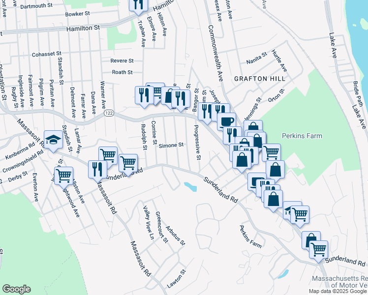 map of restaurants, bars, coffee shops, grocery stores, and more near 48 County Street in Worcester