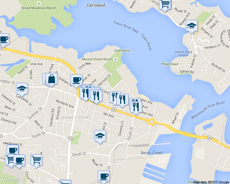 map of restaurants, bars, coffee shops, grocery stores, and more near 27 Beechwood Street in Quincy