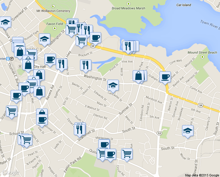 map of restaurants, bars, coffee shops, grocery stores, and more near 9 Lowe Street in Quincy