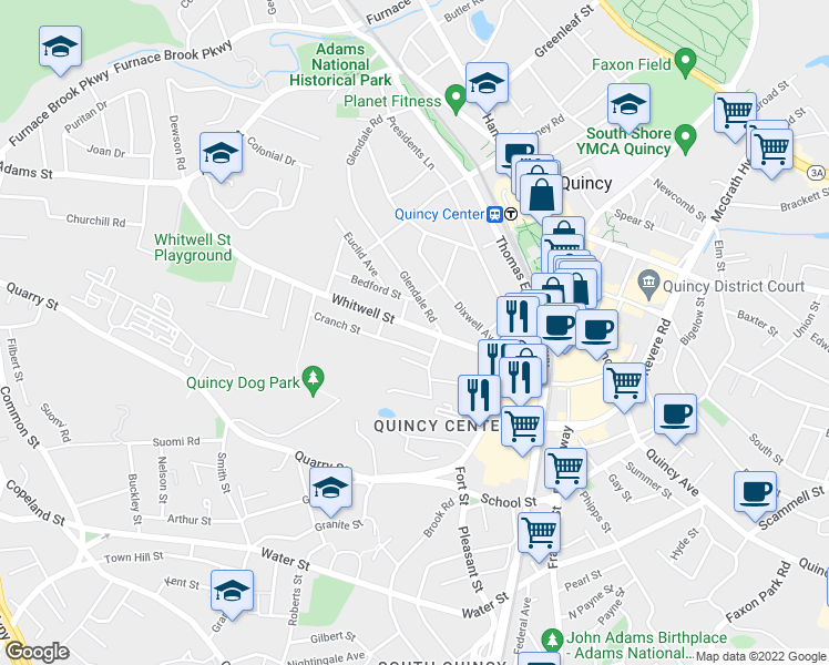map of restaurants, bars, coffee shops, grocery stores, and more near 168 Glendale Road in Quincy