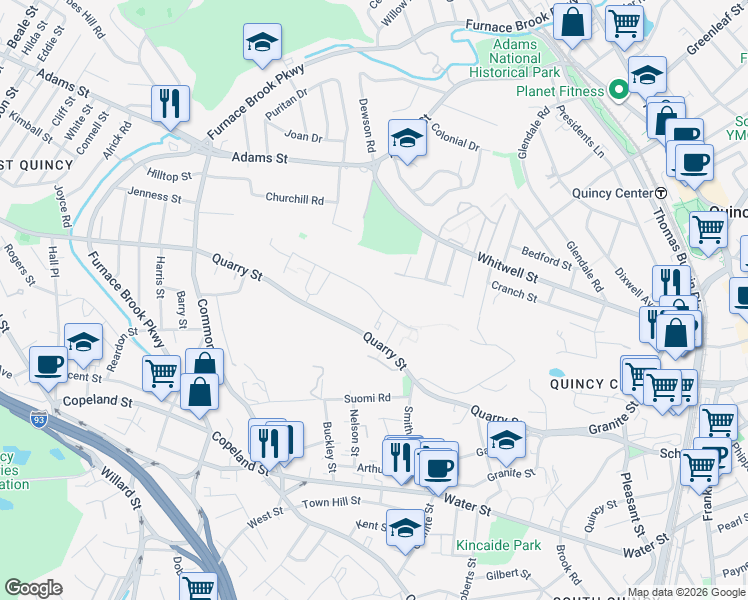 map of restaurants, bars, coffee shops, grocery stores, and more near 56 Curtis Street in Quincy