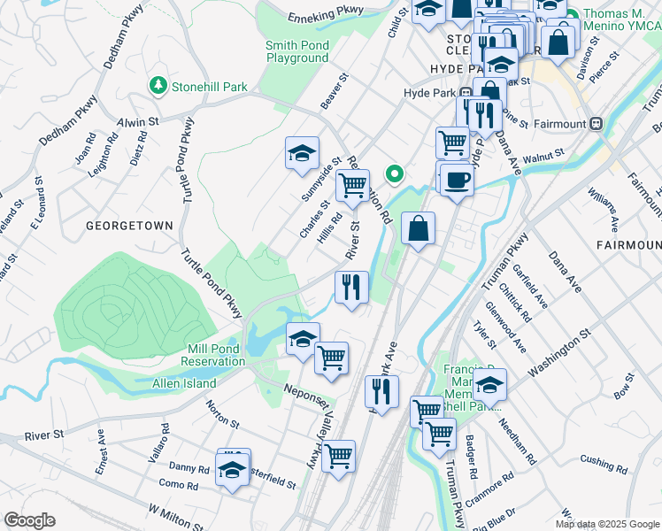 map of restaurants, bars, coffee shops, grocery stores, and more near 1557 River Street in Boston