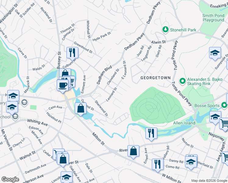 map of restaurants, bars, coffee shops, grocery stores, and more near 61 Fleming Street in Dedham