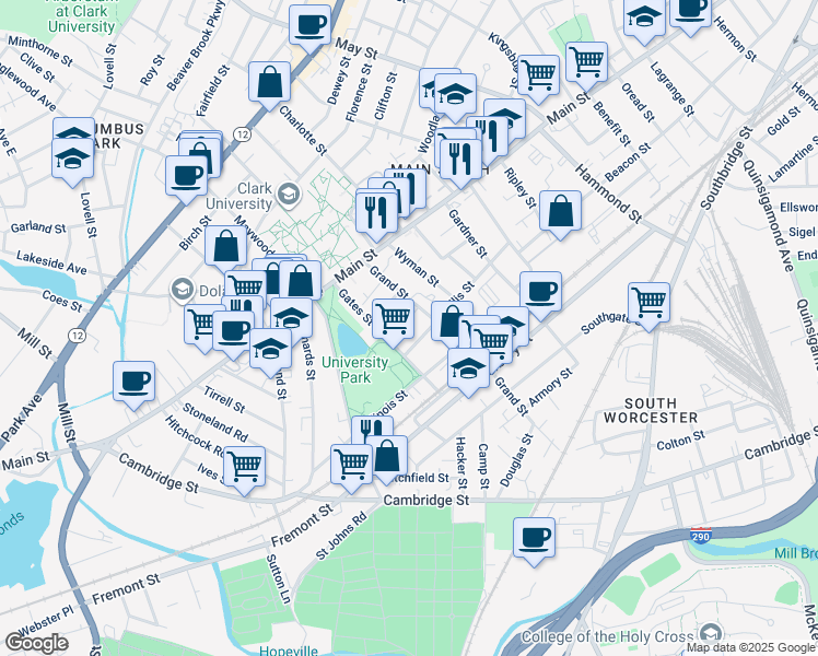 map of restaurants, bars, coffee shops, grocery stores, and more near 4 Albert Street in Worcester