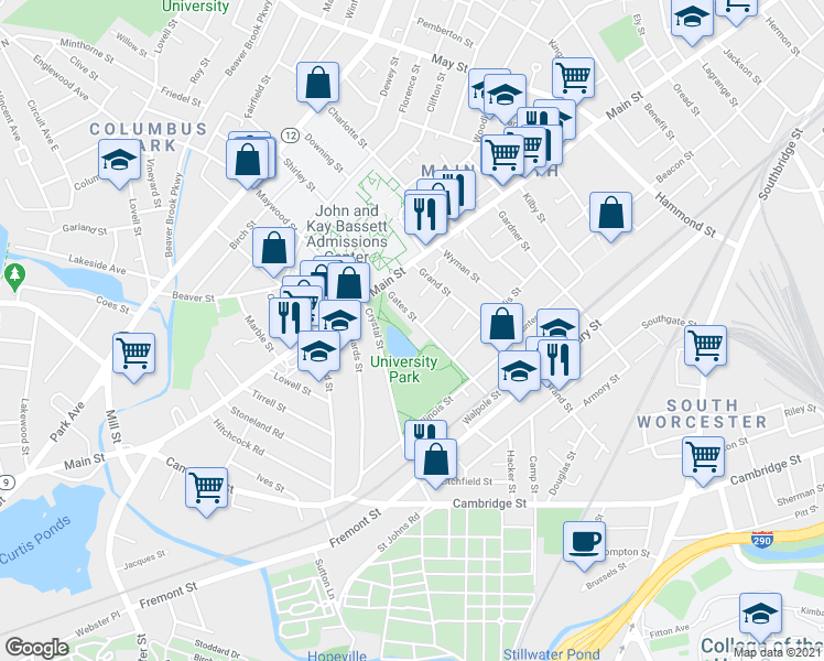 map of restaurants, bars, coffee shops, grocery stores, and more near 27 Gates Street in Worcester
