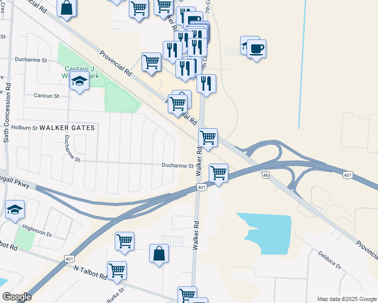 map of restaurants, bars, coffee shops, grocery stores, and more near 4785 Walker Road in Windsor