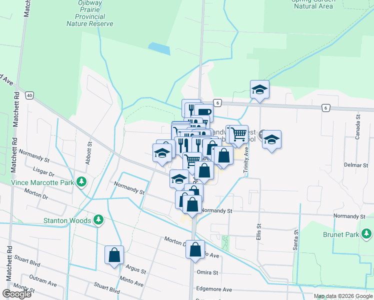 map of restaurants, bars, coffee shops, grocery stores, and more near 5834 Malden Road in Windsor