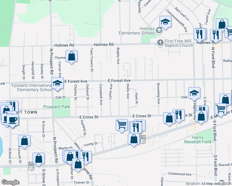 map of restaurants, bars, coffee shops, grocery stores, and more near 658 Bagley Avenue in Ypsilanti