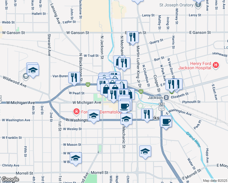 map of restaurants, bars, coffee shops, grocery stores, and more near 114 West Pearl Street in Jackson
