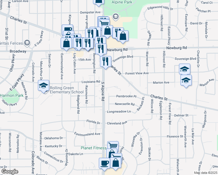 map of restaurants, bars, coffee shops, grocery stores, and more near 4520 Apple Orchard Lane in Rockford