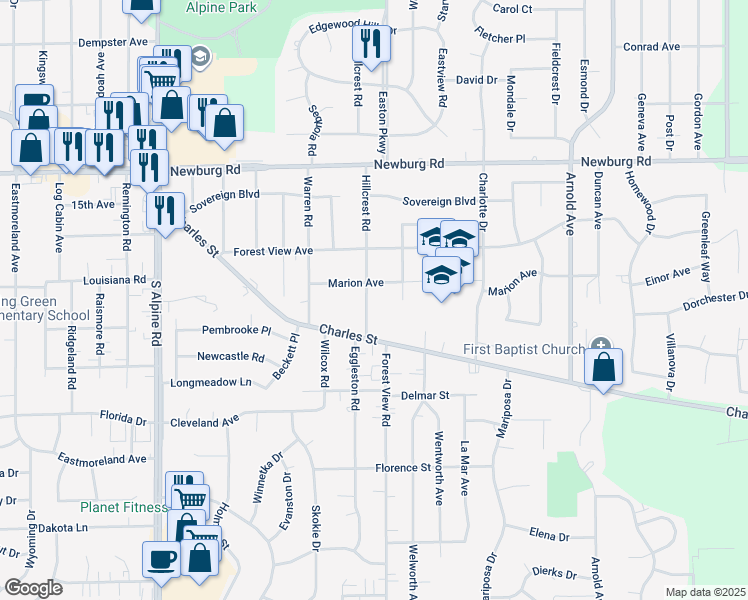 map of restaurants, bars, coffee shops, grocery stores, and more near 4711 Marion Avenue in Rockford
