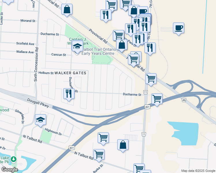 map of restaurants, bars, coffee shops, grocery stores, and more near 4636 Fontana Avenue in Windsor