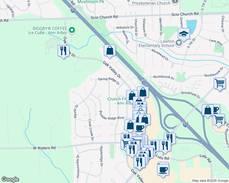 map of restaurants, bars, coffee shops, grocery stores, and more near 2717 Aspen Ridge Drive in Ann Arbor
