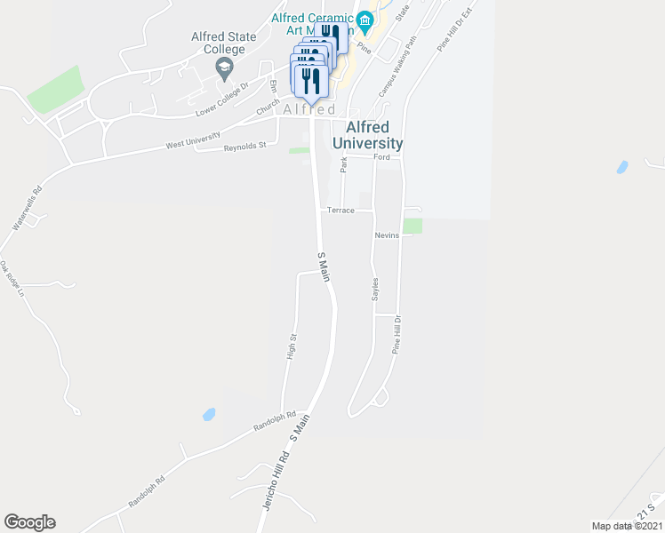 map of restaurants, bars, coffee shops, grocery stores, and more near 63 South Main Street in Alfred