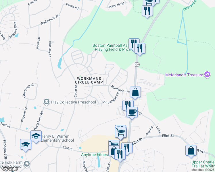 map of restaurants, bars, coffee shops, grocery stores, and more near 90 Algonquin Trail in Ashland