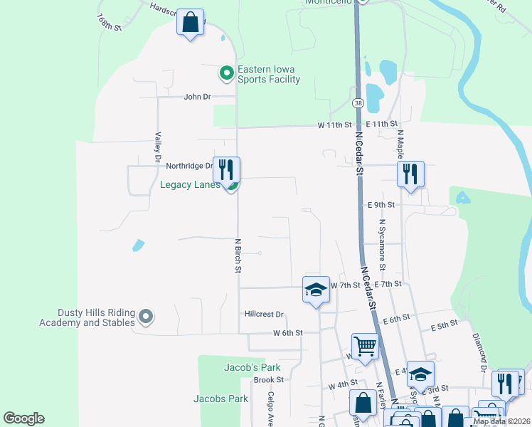 map of restaurants, bars, coffee shops, grocery stores, and more near 848 Breckenridge Drive in Monticello