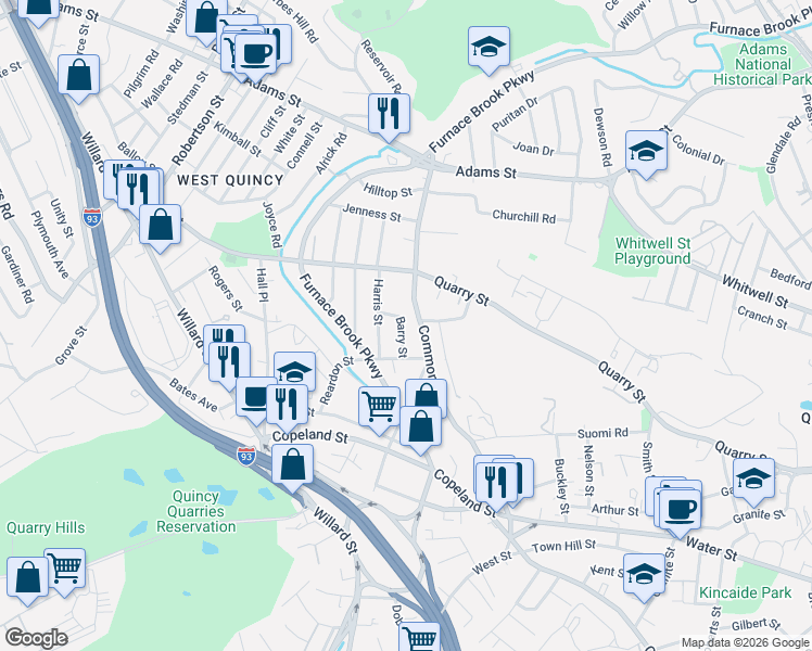 map of restaurants, bars, coffee shops, grocery stores, and more near 27 Barry Street in Quincy