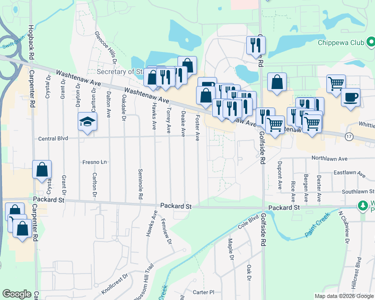 map of restaurants, bars, coffee shops, grocery stores, and more near 2634 Foster Avenue in Ann Arbor