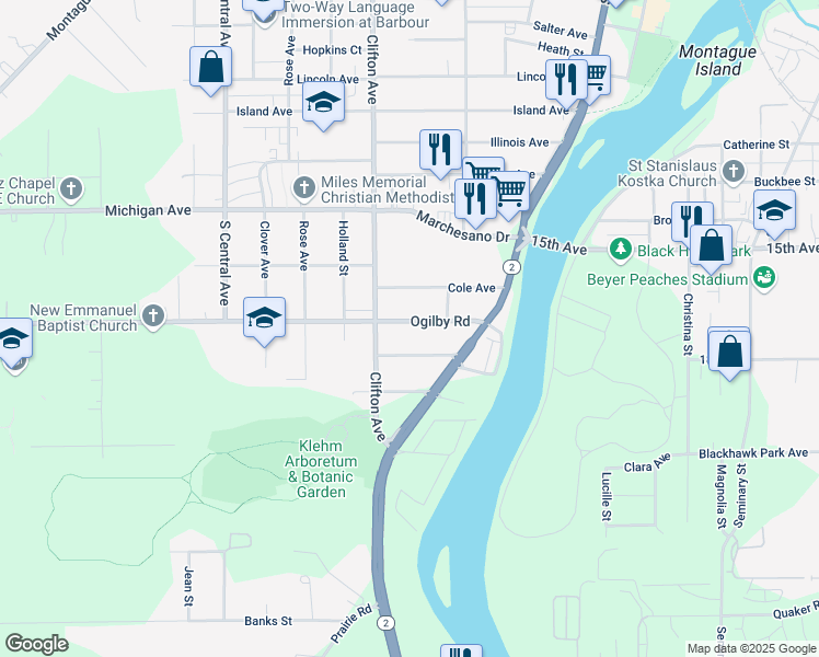 map of restaurants, bars, coffee shops, grocery stores, and more near 334 Ogilby Road in Rockford
