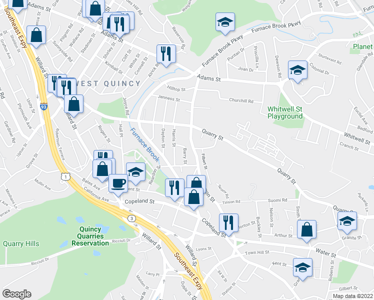 map of restaurants, bars, coffee shops, grocery stores, and more near 27 Barry Street in Quincy